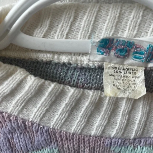 Vintage 80s Sparkle Cat Fairy Kei Sweater Pastel Pink Purple Kitty Kitten Kawaii - Picture 5 of 7